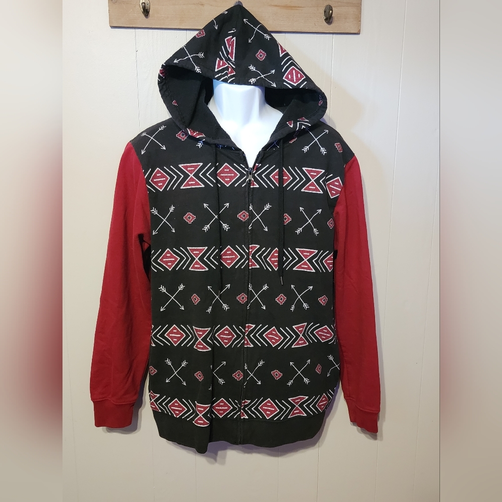 Fifth Sun ‎ Zip Up Hooded Jacket Large Men's Hoodie Black Red Arrows Casual B125